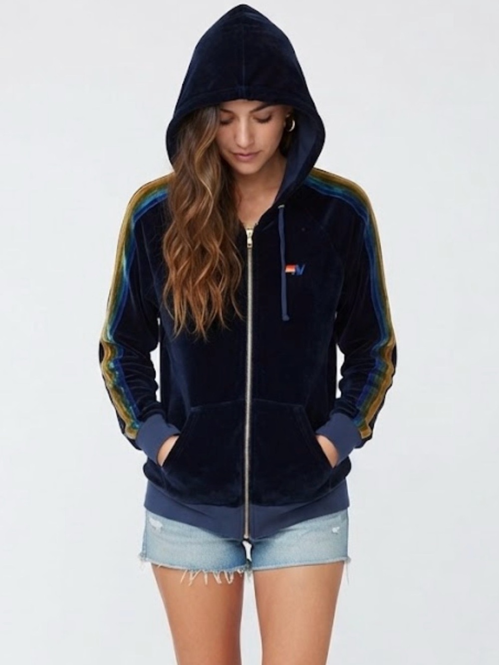 Aviator Nation Velvet Rainbow Stripe Zip-Up Hoodie Navy Blue Size Large